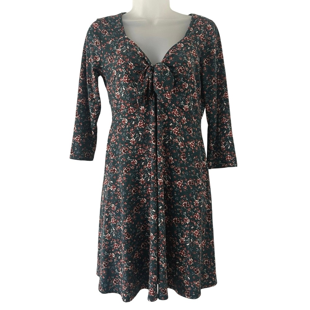 Alya Women's 3/4 Sleeve Floral Tie Knit Fit and Flare Mini Dress Green S Small